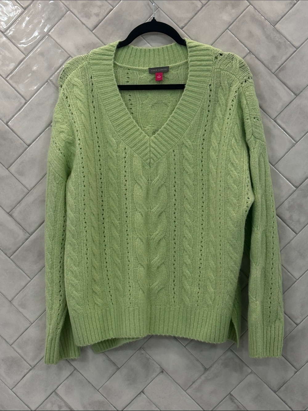 Vince Camuto Light Green Cable-Knit V-Neck Sweater